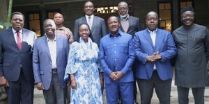 Rigathi Gachagua, Kalonzo Musyoka, Martha Karua, Fred Matiang’i and other Kenyan opposition leaders pose for a photo after a meeting. 