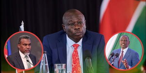 Former Deputy President Rigathi Gachagua and inserts of NIS boss Noordin Haji (left) and President William Ruto (right).