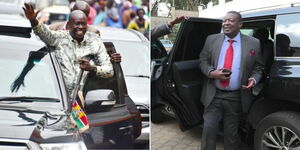 Deputy President Rigathi Gachagua in Kisumu County on September 23, 2023 (left) and Prime Cabinet Secretary visiting former Vice President Moody Awori on March 23, 2023.
