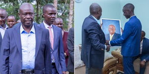 Deputy President Rigathi Gachagua and his driver Sammy Cheborgey in Nandi County (left) and the DP being gifted by the family on August 12, 2023 (right).
