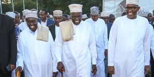 From left: Deputy President Rigathi Gachagua, President William Ruto and Defence Cabinet Secretary Aden Duale arriving at KICC for a meeting with Muslim leaders on April 11, 2023.