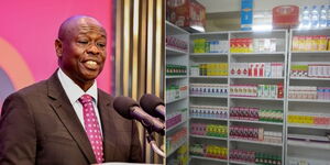 A photo collage of Deputy President Rigathi Gachagua and drugs displayed on a shelf in Kenya.