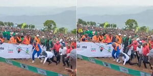 Deputy President Rigathi Gachagua falls two metres before finish line during Tinderet Barngetuny Mountain Run National Championship in Nandi County on Sunday, January 7, 2023.