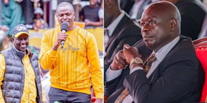 President William Ruto together with Kiharu MP Ndindi Nyoro at a rally in Muranga County on May 2022 (left) and Deputy President Rigathi Gachagua at a funeral service in Nandi County on January 16.