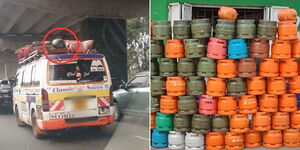 A photo collage of a matatu transporting a gas cylinder (left) and gas cylinders on sale