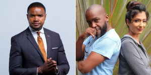 A photo profile of Johnson Mwakazi (left) and Renowned media personality Jimmi Gathu and actress Eve D'Souza posing for a photo on  August 23, 2021 (right).