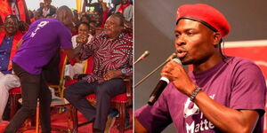 Bunge la Wananchi leader Calvin Okoth alias Gaucho greeting former President Uhuru Kenyatta as Raila Odinga overlooks on May 22, 2023 (left) and Gaucho speaking during the Jubilee Party NDC (right).