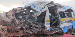 The wreckage of a passenger shuttle which was involved in a collision along the Nairobi-Mombasa highway on September 7, 2023. 