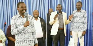 A photo collage of President William Ruto's last-born son, George Ruto addressing a congregation at AIC Fellowship in Eldoret, Uasin Gishu County on June 4, 2023. 