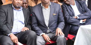 KANU secretary general Nick Salat (left), Baringo Senator Gideon Moi (centre) and former Baringo Governor Benjamin Cheboi at Kapchepkor during the burial of politician Yano Singei.