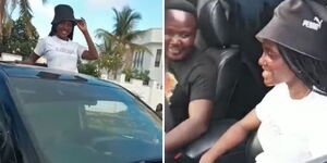 A side by side image of Sheryl Kabarry posing on top of her new Toyota Land Cruiser (left) and her father explains the details of the vehicle. 