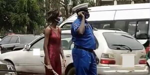 NRG presenter Natalie Githinji approaching a traffic officer on Friday, February 12, 2021.