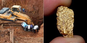 Photo collage of an excavator in a gold mine site  (left) and someone holding gold.