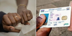 A photo collage of a couple showing off their rings at a wedding on November 11, 2023 (left) and a motorist holding their driver's licence.