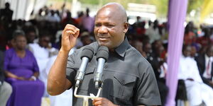 Kakamega Governor Fernandes Barasa speaking at a burial in St. Peters Catholic Church grounds in Mumias West Sub-County on March 23, 2024