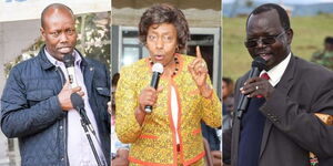 A photo collage of former Governors Lee Kinyanjui (Nakuru) Charity Ngilu (Kitui) and John Lonyangapuo (West Pokot) speaking at separate events.