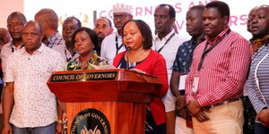 Council of Governors chair Anne Waiguru and committee chairpersons in Mombasa on September 17, 2022.