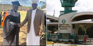 Graduate Nur Mohammed Chute with his father and entrance to Egerton University.