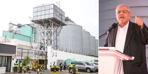 Photo collage of Grain Bulk Handlers Limited based in Embakasi and Mohamed Jaffar speaking during the company's commissioning on Friday April 28, 2023