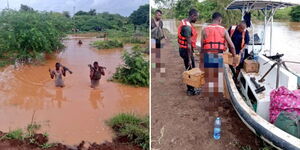 A photo collage of Police Officers being rescued after their office was submerged by floods in coast on December 2, 2023