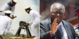 A collage image of Military officials at a past gun salute (LEFT) and the late President Mwai Kibaki (RIGHT).