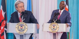 A collage image of United Nations Secretary-General Antonio Guterres(Left) and President William Ruto(Right) at State House on Wednesday, May 3, 2023. 