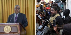 A photo collage of Haiti Prime Minister Garry Conille (left) and gang leader Jimmy Cherizier alias Barbecue