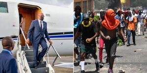 A photo collage of Haiti Prime Minister Ariel Henry exiting a plane and chaos in several gang members parade the street amid chaos. 