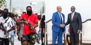 A photo collage of Haiti Gang patrolling Port-au-Prince and President William Ruto greeting Haiti Prime Minister Ariel Henry at State House, Nairobi on February 29, 2024. 