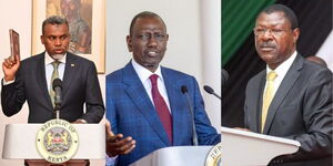 A collage of President William Ruto (centre) with Noordin Haji (left) and Moses Wetangula (right)