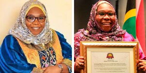 A collage photo of Hamisa Jaza,the winner of the Women Building Peace Award