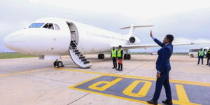 Sports Cabinet Secretary Ababu Namwamba seeing off Harambe Stars players at Jomo Kenyatta International Airport on November 15, 2023