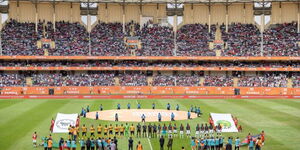 Harambee stars and Zambia team ahead of their game at Kasarani on Sunday, August 17.
