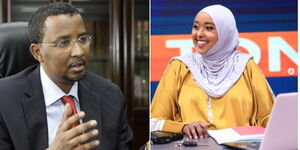 Photo collage of former IEBC chairperson Ahmed Issack Hassan in an interview in 2015 and Jamila Mohamed in Citizen TV studios on February 3, 2023