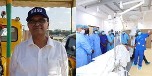 A photo collage of Mombasa billionaire Hasu Patel (left) and Coast General Hospital healthcare workers during a surgery procedure (right).