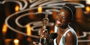 Actress Lupita Nyong'o gives an address after winning best supporting actress at 86th Academy Awards.