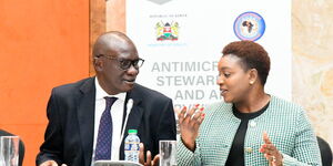 Health CS Susan Nakhumicha (right) nd DG Dr Patrick Amoth (left) during at meeting in Nairobi at Ole Sereni on August 8, 2023