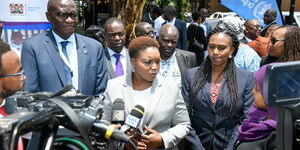 Health CS Susan Nakhumicha addresses medical workers after they took grievances to Afya House.