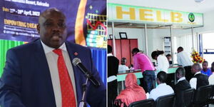 A photo collage of HELB CEO Charles Ringera speaking at an event on April 27, 2023 (left) and students seeking services from HELB offices in Nairobi County. 