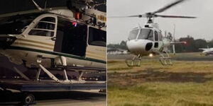 A photo collage of a helicopter on a dolly (left) and a skid-equipped helicopter landing. 