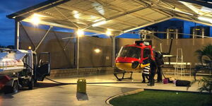 A helicopter at a hanger at Wilson Airport, Nairobi