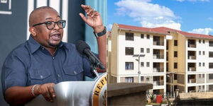 A photo collage of Housing PS Charles Hinga and affordable houses in Embu County undertaken under the government's housing programme in March 2022.