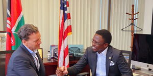 Photo of CS Ababu Namwamba and Hollywood CEO Nicky Weinstock in Los Angeles on September 23