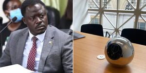 Homa Bay Town MP Peter Kaluma (left) and an iris biometric scanner.