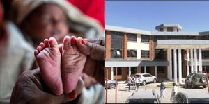 A photo collage of a person holding newborn (left) and Naivasha Level 4 Hospital.