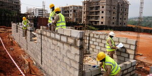 Workers at a building under construction