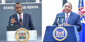Photo collage of State House spokesperson Hussein Mohamed and former President Uhuru Kenyatta addressing the nation