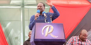 An image of Raila Odinga at a past media briefing.