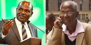 iEBC Chairman Wafula Chebukati (left) ad former ECK boss the late Samuel Kivuitu