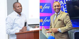 A photo collage of National Assembly Majority Leader Kimani Ichung'wah and Kameme FM radio presenter Muthee Kiengei. 